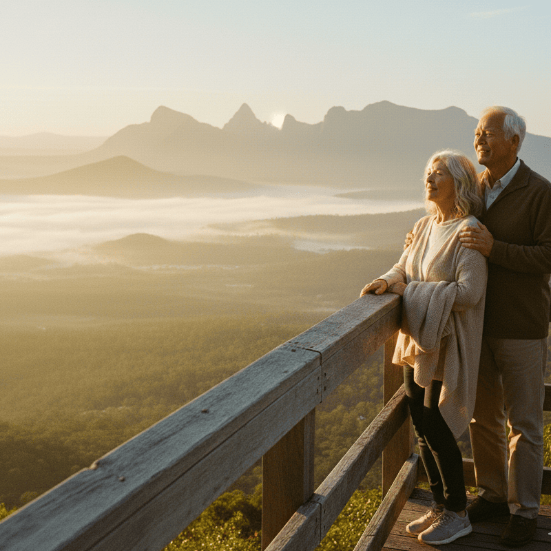 A mature couple stands on a high hinterland lookout at sunset, looking out over the Glass House Mountains. They look relaxed and peaceful, symbolising the "summit" of their retirement journey.