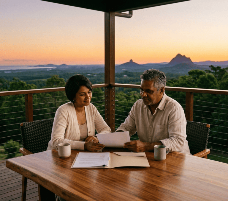 Contact 1 Couple talking through paperwork at a table on a verandah at sunset