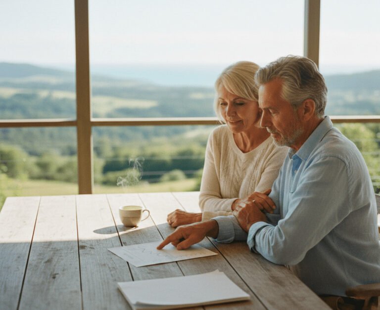 Services 2 Couple reviewing papers together at a table with a hillside view