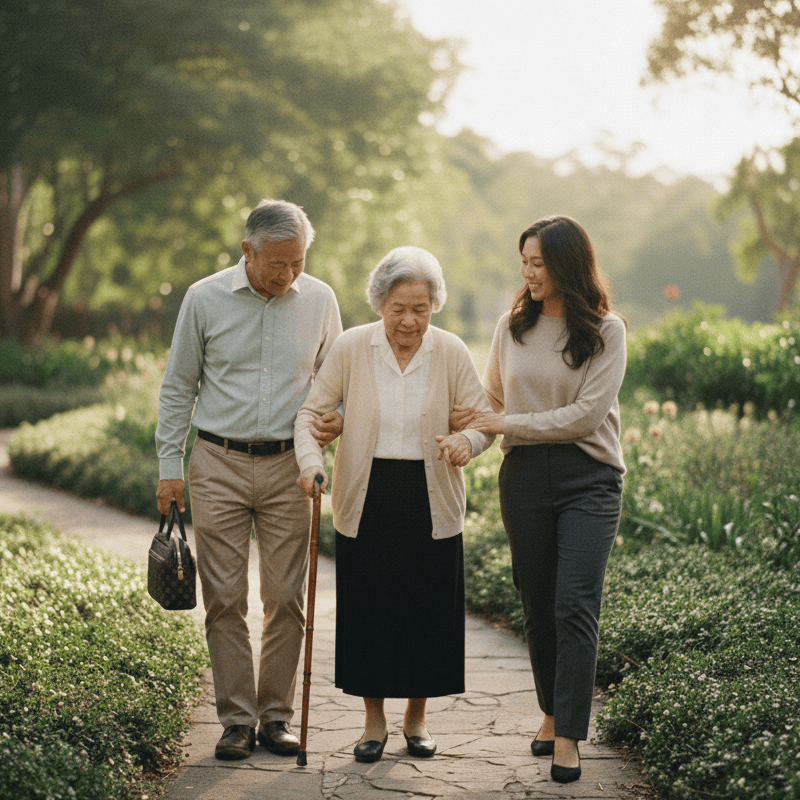 An elderly Asian couple walks along a sun-dappled stone garden path, supported by their adult daughter. The daughter gently holds her mother's arm, and the father walks beside them, creating a scene of family support and care.