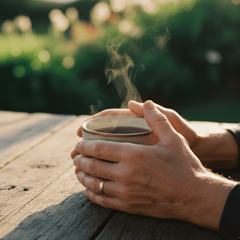 A close-up, film-style photograph of weathered hands gently cupping a steaming mug of tea on a rustic timber table, set against a blurred coastal garden at dawn.