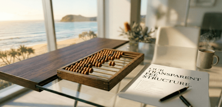Desk with an abacus and a fee document beside a window overlooking the ocean