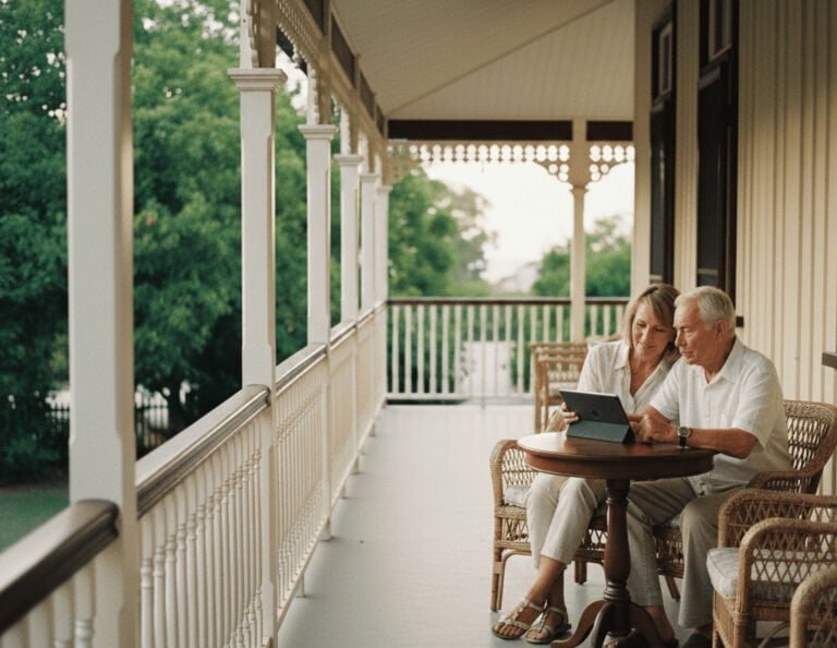 Older couple sitting together at a table on a timber verandah