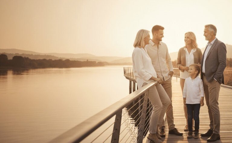 Services 7 Family standing together on a riverside boardwalk at sunset