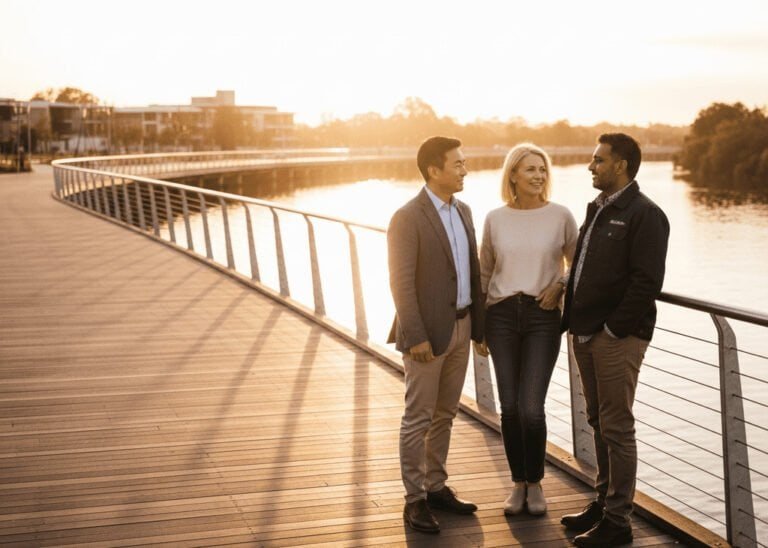 Services 1 Three people talking on a riverside boardwalk