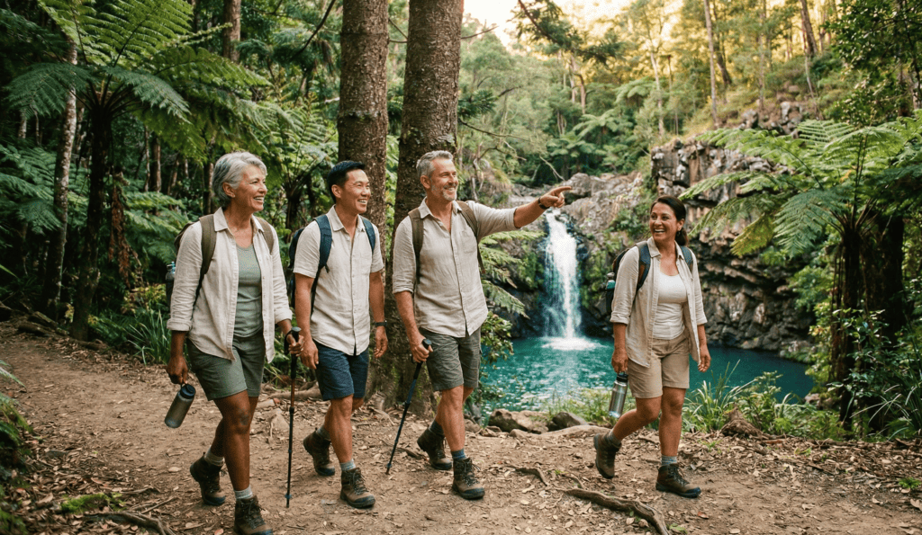 Pre-Retirees 1 Walkers on a rainforest trail near a waterfall