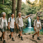 A diverse group of active adults in their late 50s and 60s hiking a lush rainforest trail at Kondalilla Falls, with a waterfall and turquoise rock pool in the background.