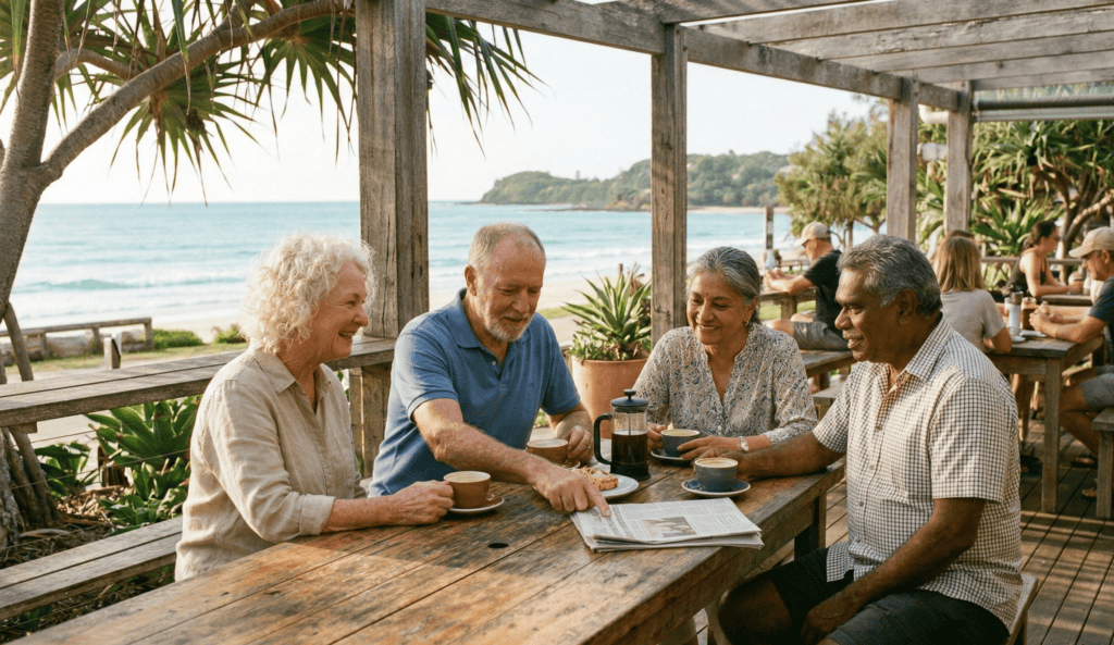 Retirement Planning Checklists 5 Friends chatting over coffee on a beachfront deck