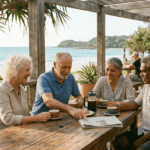 A group of four relaxed retirees in their mid-60s sitting at a rustic timber table on a beachfront deck, chatting over coffee and a newspaper with the ocean in the background.