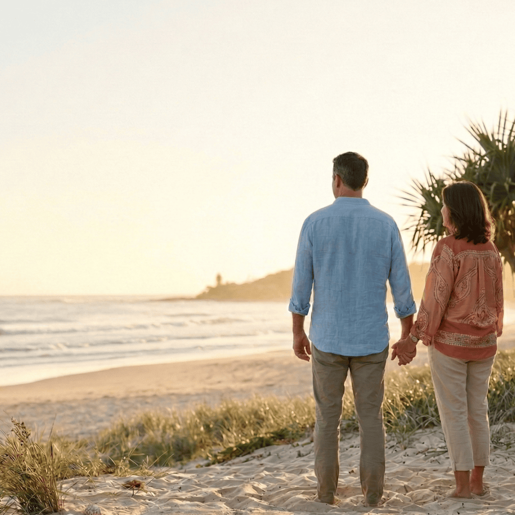A professional photograph of a couple in their late 40s to early 50s, viewed from behind, standing hand-in-hand on a pristine Sunshine Coast beach dune. They are looking toward the calm Mooloolaba ocean and distant headland under a clean, vast golden hour sky, with a contiguous, uncluttered sandy dune foreground. They wear a light blue linen shirt and a coral patterned blouse.