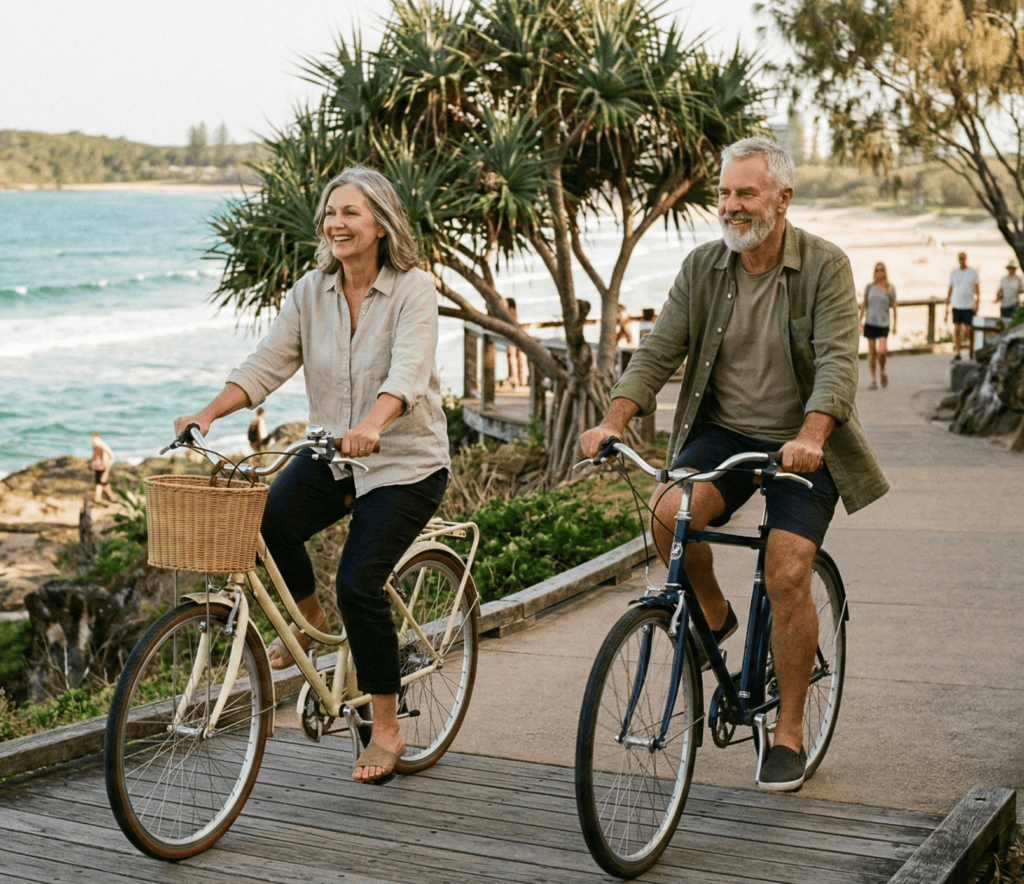 Tax strategies 1 Couple riding bicycles along a coastal boardwalk