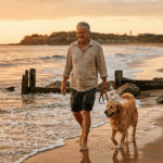 A smiling senior man in a linen shirt and shorts walks a Golden Retriever on a sandy beach at sunrise, near wooden groin posts.