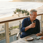 A mature couple enjoys a relaxed afternoon on a balcony overlooking Mooloolaba Beach at sunset. The man holds a coffee and the woman looks at a smartphone, both appearing calm and confident, symbolising financial peace of mind.