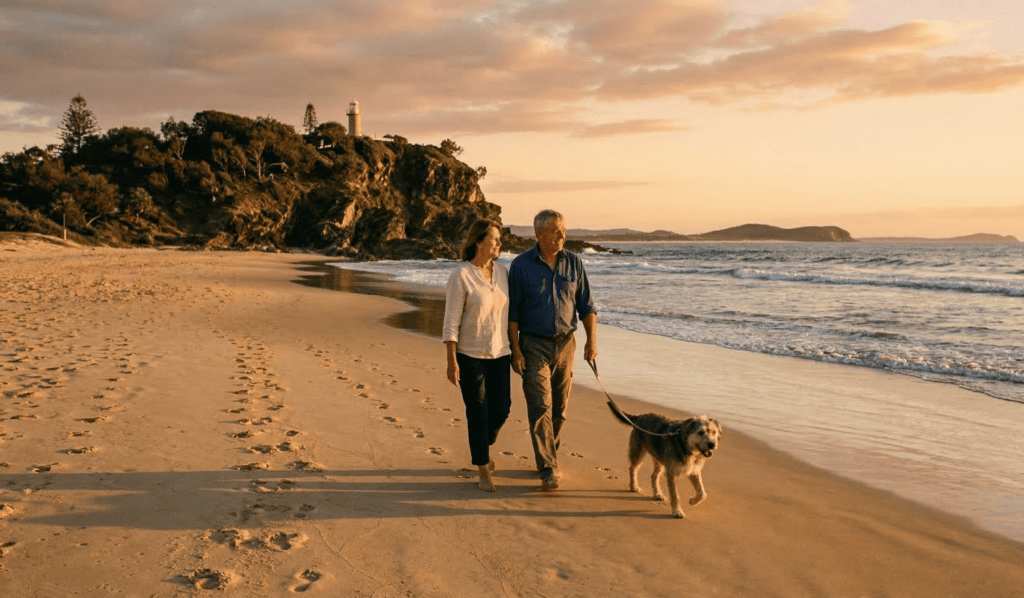A cinematic drone-style shot of a couple walking their dog along the sand at Point Cartwright during a warm golden hour sunset.