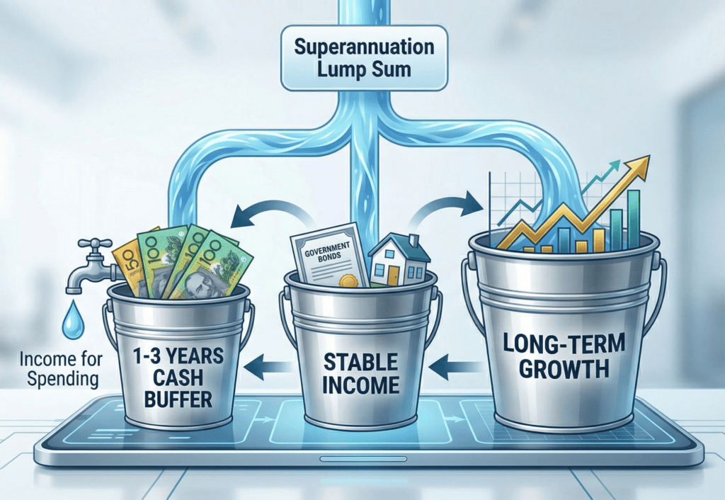 A polished graphical icon infographic visualizing the 'Bucket System' and 'Cash Buffer' strategy for retirement income. Three physical metal buckets labeled '1-3 YEARS CASH BUFFER', 'STABLE INCOME', and 'LONG-TERM GROWTH' are connected by flowing blue energy representing funds. Money is shown as icons within each bucket. An arrow illustrates funds flowing hierarchical from growth assets to replenish the cash buffer as money is drawn for daily spending. Icons for Australian banknotes, property, and growth charts are visible. Background of a clean modern financial environment.