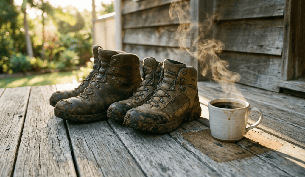 Two sets of muddy hiking boots resting on a weathered timber deck next to a steaming cup of black coffee in Maleny.