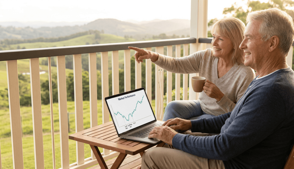 A photograph of a retired couple in their late 60s, a man and a woman, relax happily on a sunlit balcony overlooking the lush landscape of Maleny, Sunshine Coast. The man holds a laptop showing a line graph of a market crash and swift recovery, which they acknowledge but choose to focus on the view and each other, confident in their retirement. Soft, warm morning light.