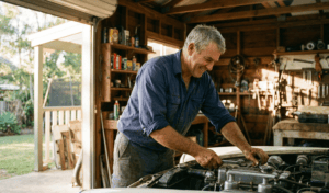 Home 8 A rugged 60-year-old man with dirty hands smiling while working on a vintage car engine in a sunlit timber garage in Buderim.