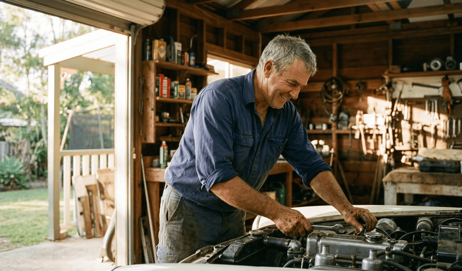 A rugged 60-year-old man with dirty hands smiling while working on a vintage car engine in a sunlit timber garage in Buderim.