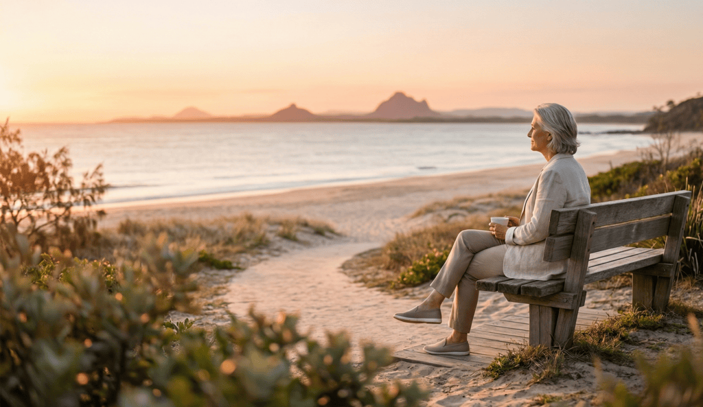 Woman sitting on a bench overlooking a calm beach at sunset