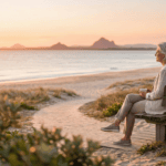 A mature woman sitting peacefully on a wooden bench overlooking a calm Sunshine Coast beach at sunset, representing a moment of reflection during a life transition.