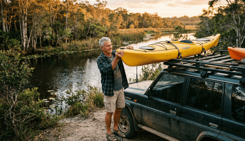 A happy retired man with gray hair loading a yellow kayak onto a 4WD roof rack by the water.