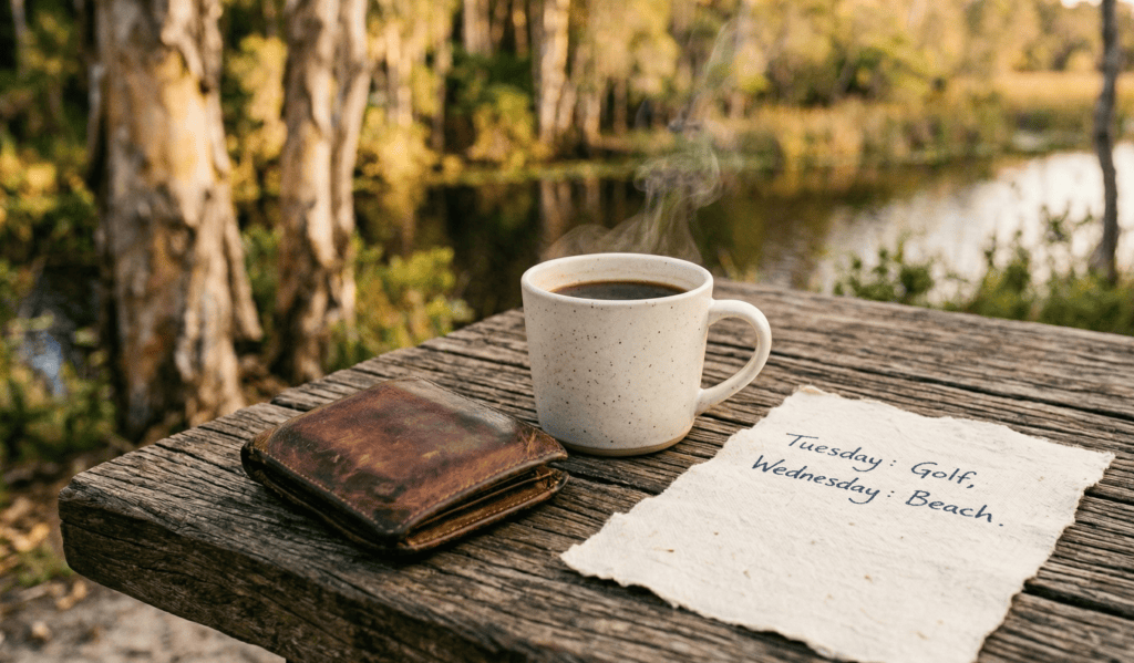 A leather wallet, a steaming ceramic coffee mug, and a handwritten schedule on handmade paper resting on a rustic wooden table by the water.