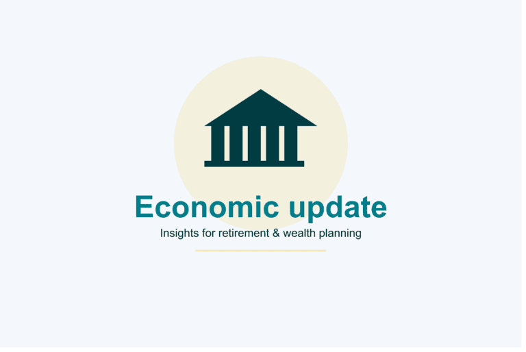 Quarterly Economic Update: April to June 2026 1 Economic update banner with a teal, gold, and slate coastal colour scheme, featuring a stylised bank building silhouette, a sun accent, and the text 'Economic update — Insights for retirement & wealth planning.
