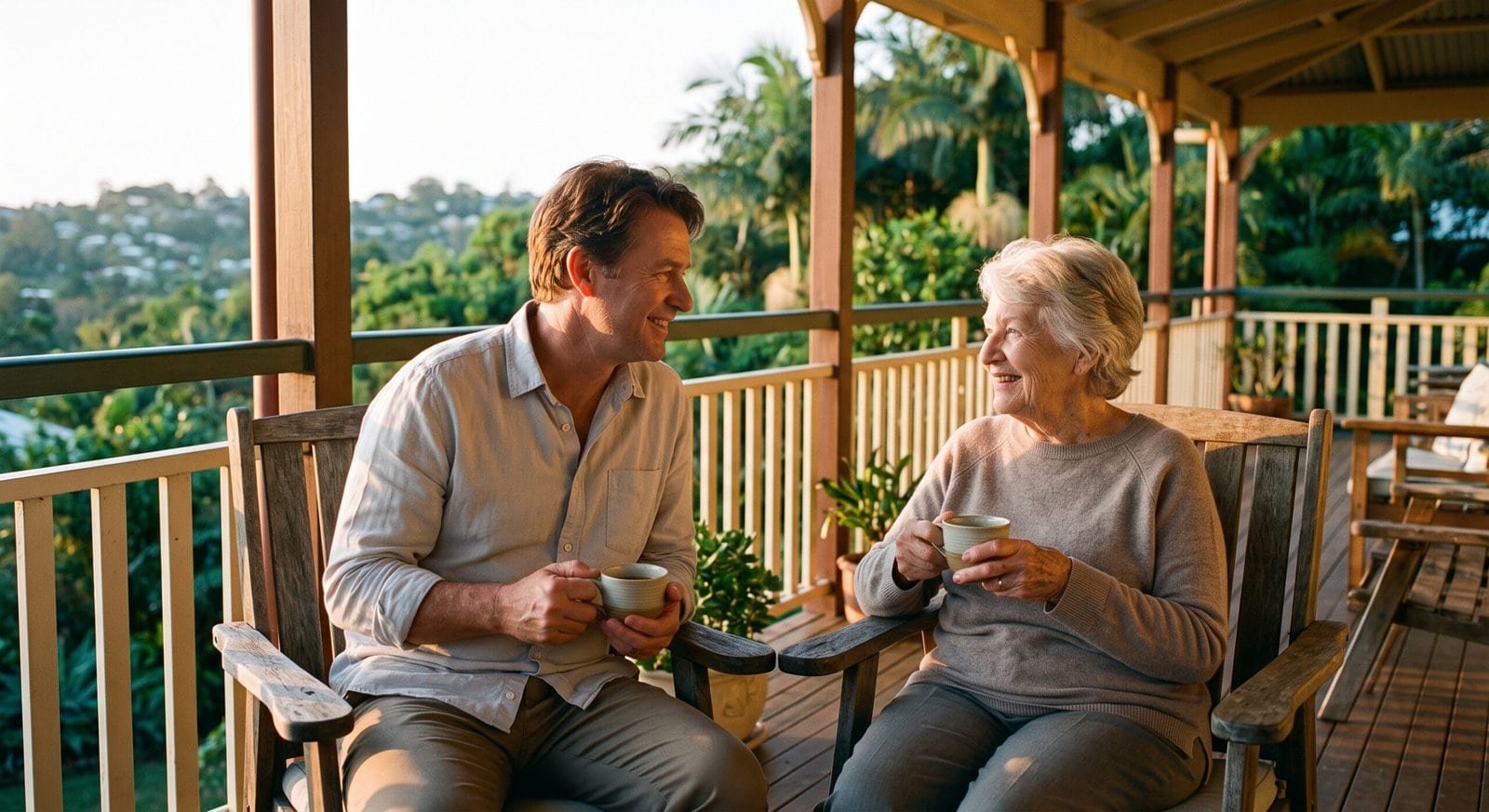 Adult son and elderly mother discussing aged care costs on a verandah in Buderim.