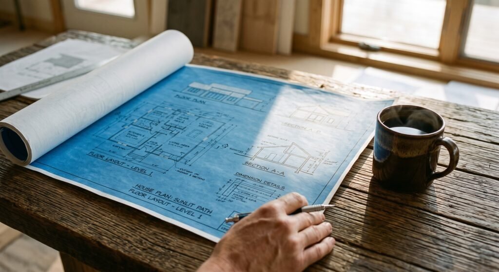 A clear blueprint for aged care funding rolling out on a wooden table.