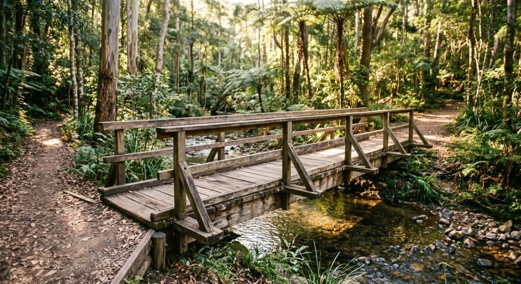 Sunshine Coast Super Death Tax: Protect Your Kids' Inheritance 2 A weathered wooden footbridge with handrails crossing a calm, rocky creek in a sunlit Kondalilla National Park rainforest. Represents a secure retirement path. - Sunlit Path Retirement Planning.