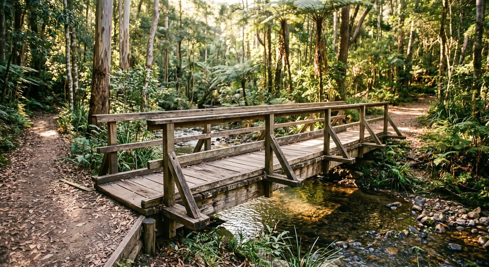 Services 5 Wooden footbridge over a calm creek in the Sunshine Coast hinterland