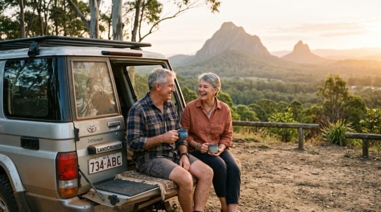Retired couple enjoying morning coffee at Glass House mountains - Sunlit Path Retirement Planning
