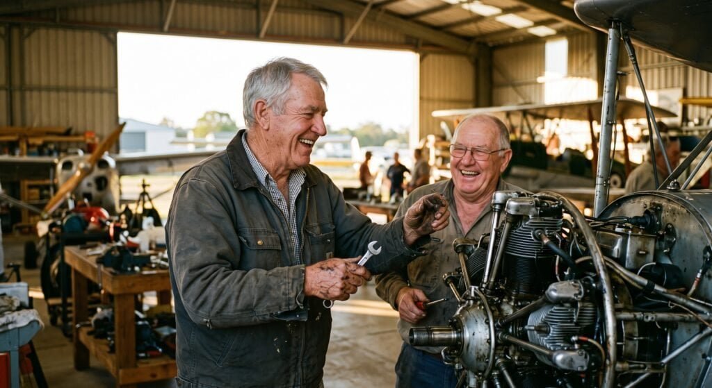 Volunteer Roles for Retirees on the Sunshine Coast 3 Retired tradesman fixing vintage airplane at Queensland Air Museum - Sunlit Path Retirement Planning