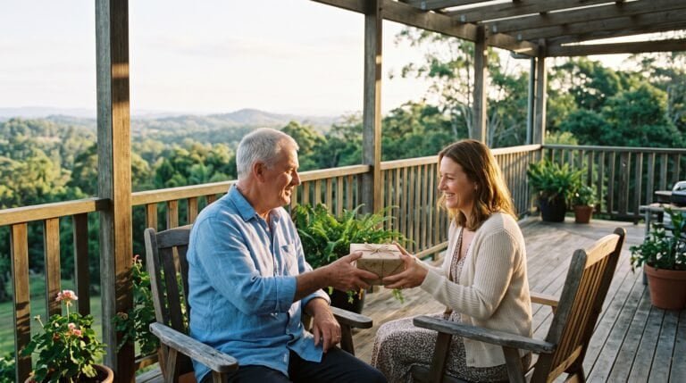 Sunshine Coast Super Death Tax: Protect Your Kids' Inheritance 1 Retired father handing a gift to his daughter on a sunlit Maleny verandah | Sunlit Path Retirement Planning