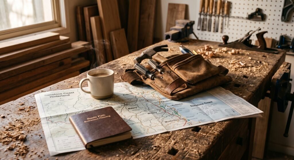 Volunteer Roles for Retirees on the Sunshine Coast 4 Woodworking tools and coffee cup on Buderim bench - Sunlit Path Retirement Planning