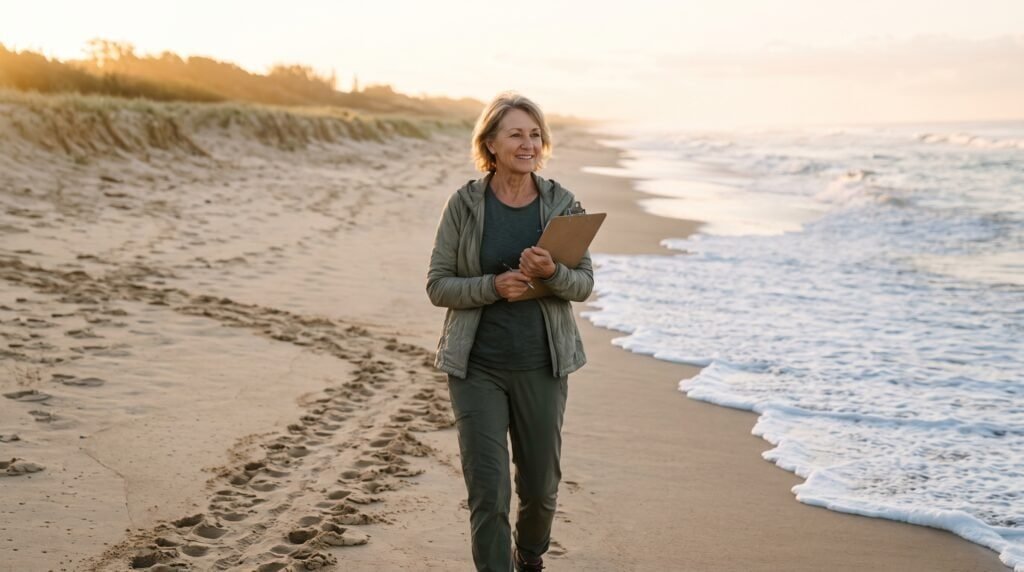 Volunteer Roles for Retirees on the Sunshine Coast 2 Single female retiree volunteering with TurtleCare on a Sunshine Coast beach at sunrise.