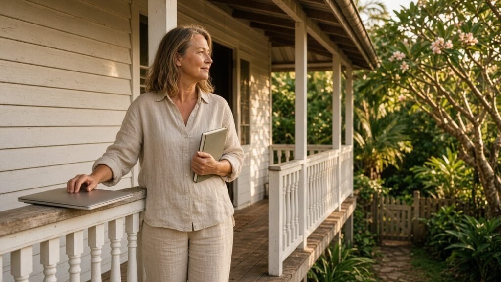 Woman in her early sixties on a Buderim verandah, resting her hand on a closed laptop and holding a notebook, looking out at a frangipani garden at golden hour
