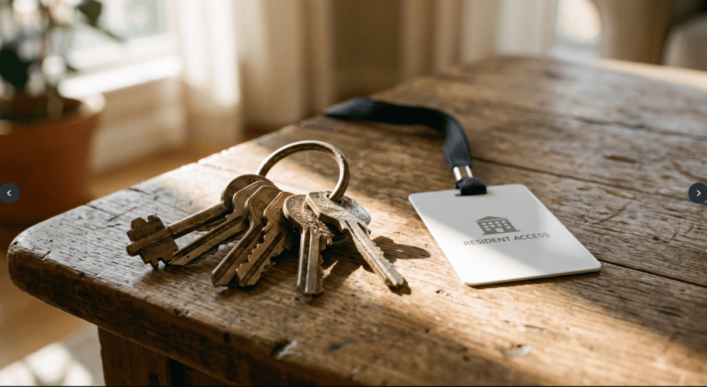 A Sunshine Coast Guide: Are Retirement Villages Worth The Cost? 2 Old house keys next to a modern swipe card representing downsizing to a retirement village - Sunlit Path Retirement Planning