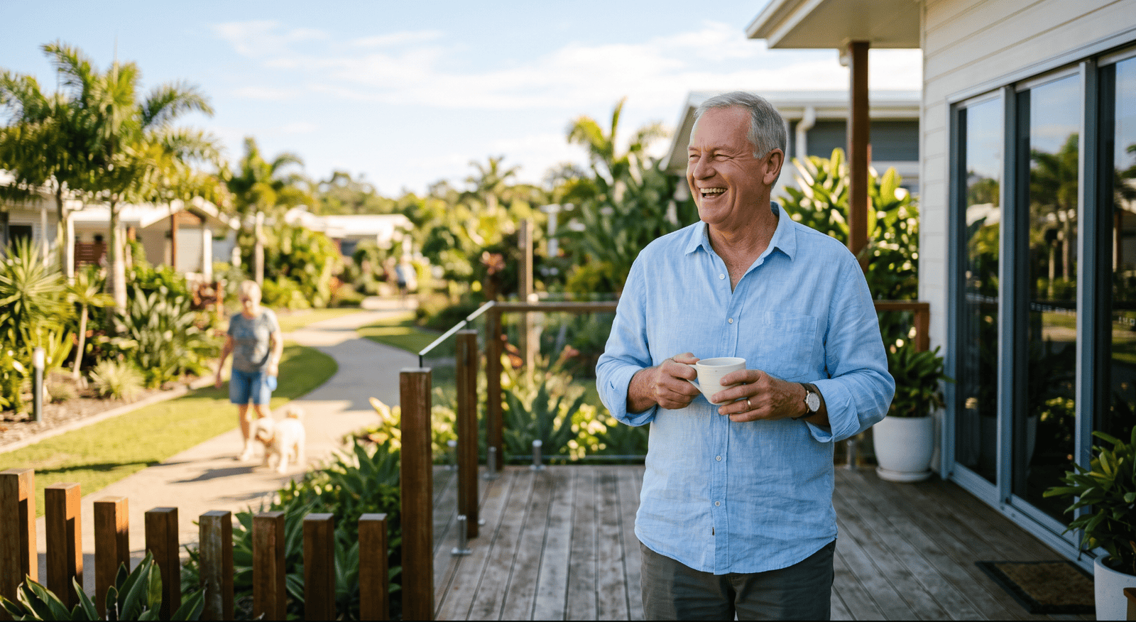 Retired man enjoying morning coffee on his deck in a Sunshine Coast retirement village - Sunlit Path Retirement Planning.