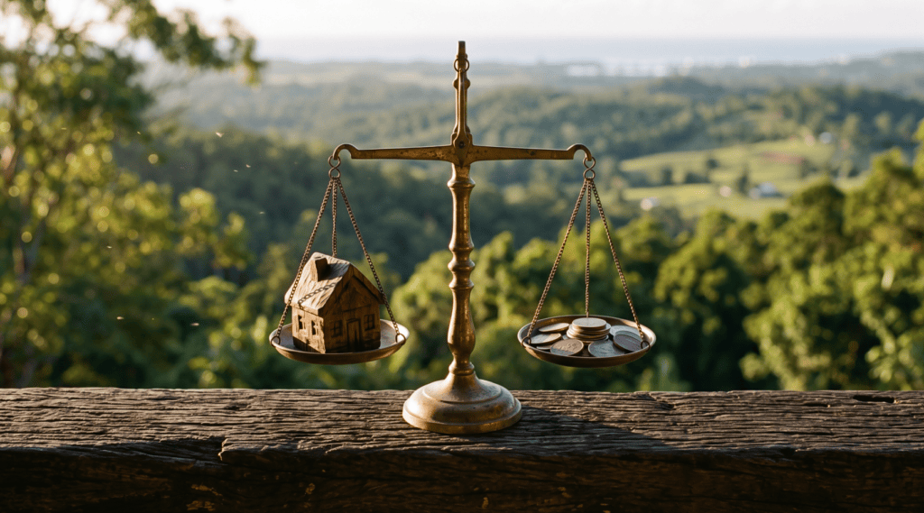 How downsizing can affect your Age Pension: a Sunshine Coast guide 5 Balance scale weighing a timber house against coins on a Palmwoods verandah - Sunlit Path Retirement Planning