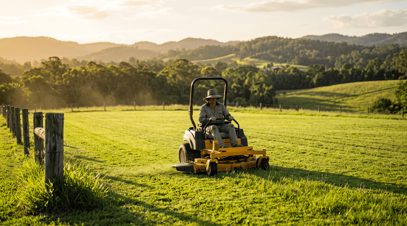 How downsizing can affect your Age Pension: a Sunshine Coast guide 3 Person mowing a large grassy acreage in Eumundi at golden hour