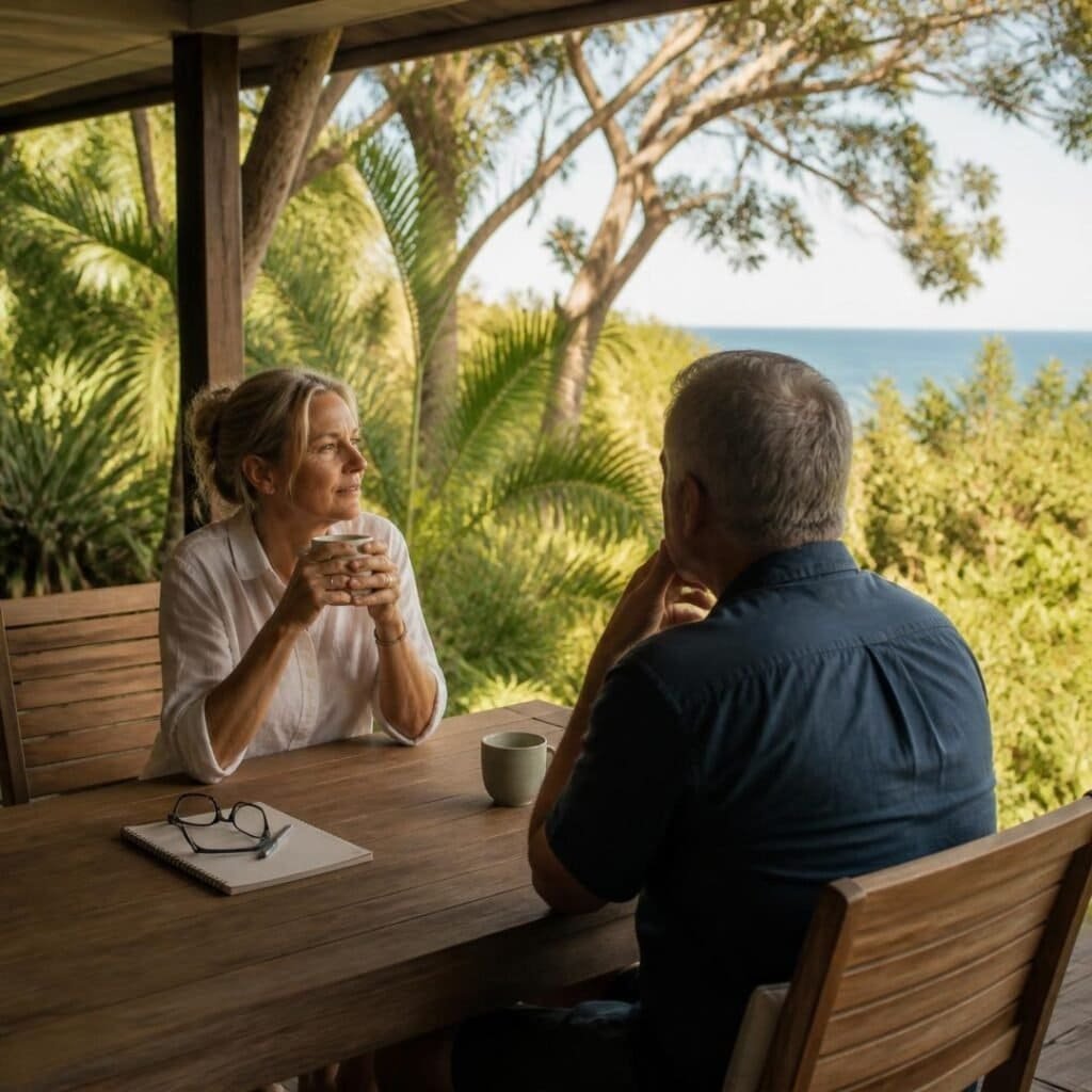 AI Chatbot Retirement Checklist 1 Couple talking over coffee on a verandah near the coast