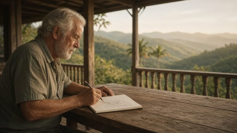 Insights & Education 3 Man sketching hills in a sketchbook at a timber table on a verandah