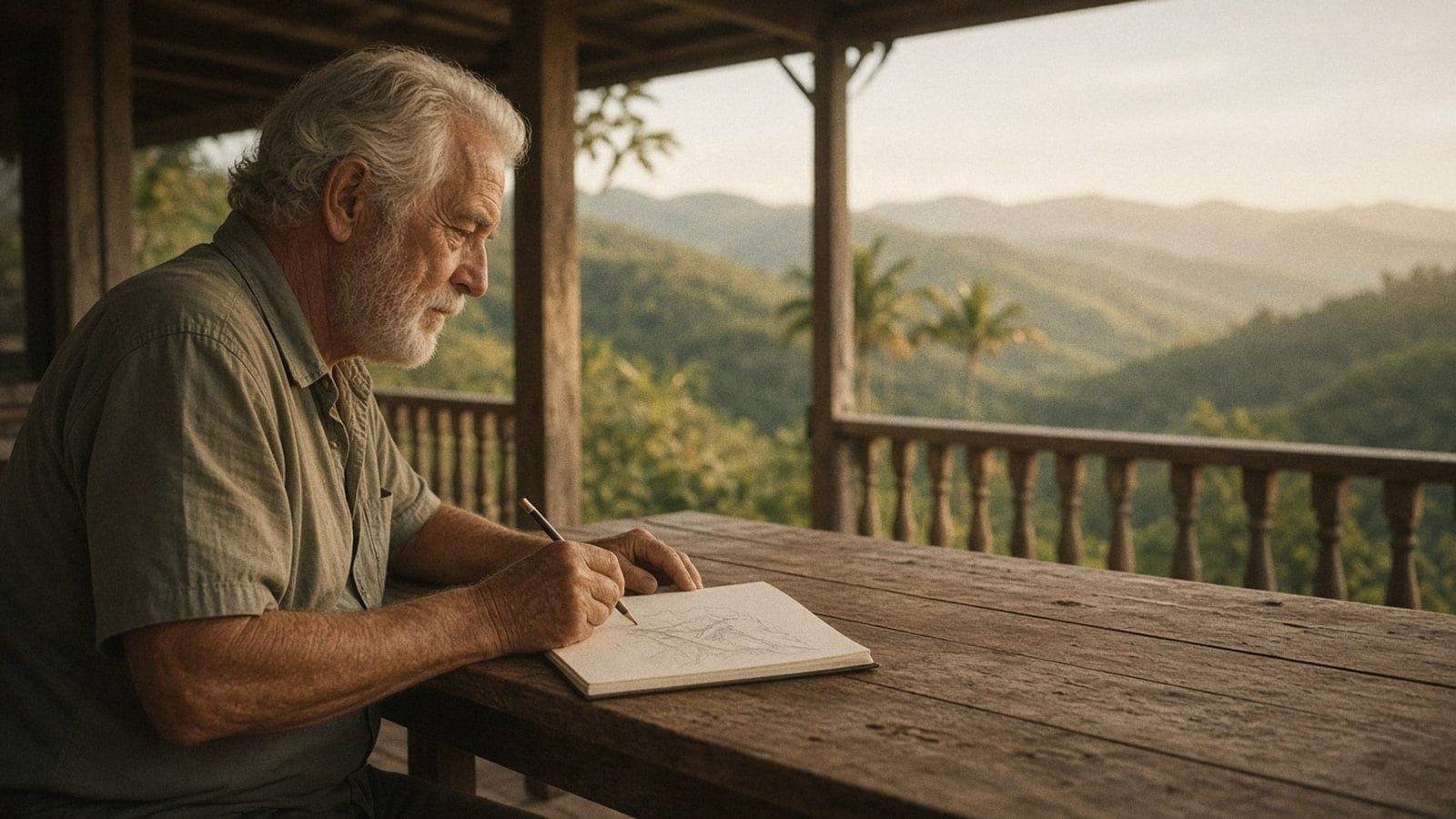 Retirement hobbies finder: what lights you up? 1 Man sketching hills in a sketchbook at a timber table on a verandah