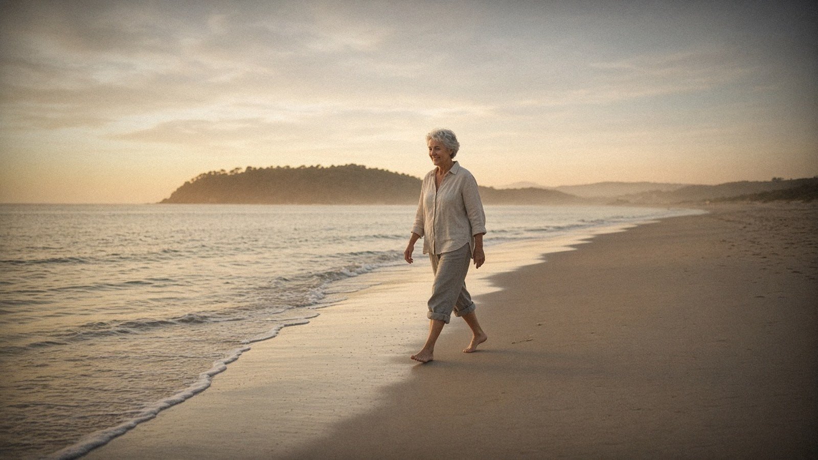 Exercise for over 60s: a joyful movement planner you'll want to keep 1 Woman walking barefoot along the water's edge on a quiet beach in early morning light
