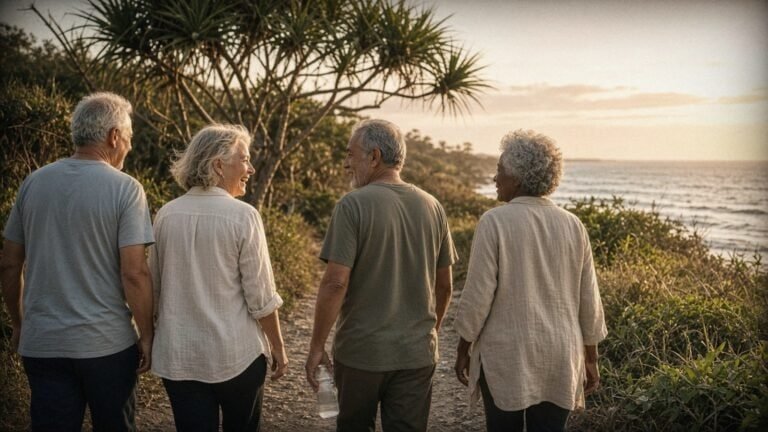 Insights & Education 1 Four friends walking and chatting on a coastal path among pandanus trees at sunset