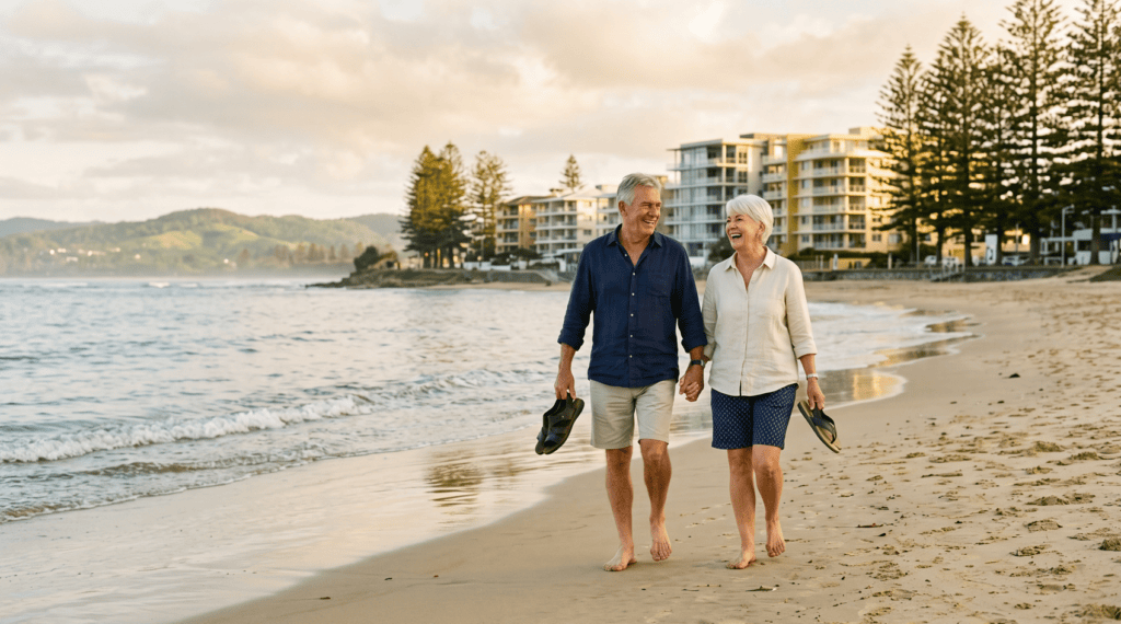 How downsizing can affect your Age Pension: a Sunshine Coast guide 4 Retired couple walking on the sand at Caloundra after downsizing from Palmwoods - Sunlit Path Retirement Planning