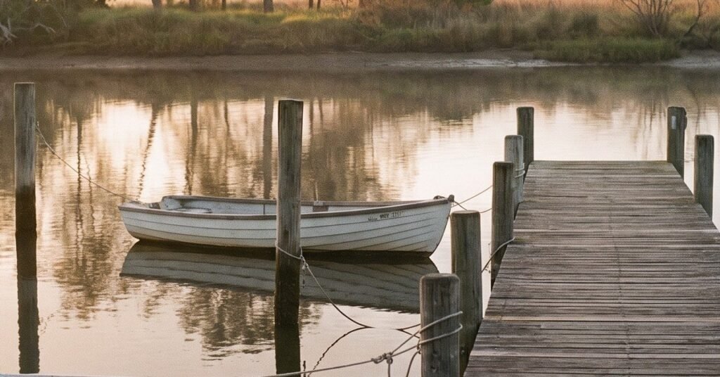 Timber jetty and rowboat on calm water